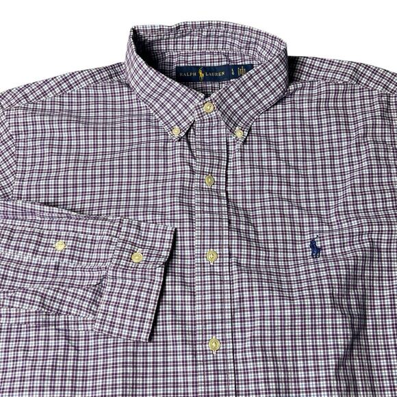 Polo Ralph Lauren Oxford Button Front Long‎ Sleeve Shirt Mens Plaid Large Purple - Picture 1 of 8